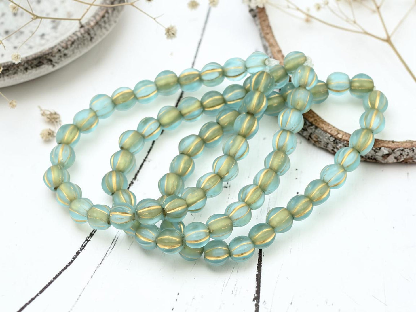 *25* 6mm Gold Washed Matte Blue Aqua Large Hole Melon Beads