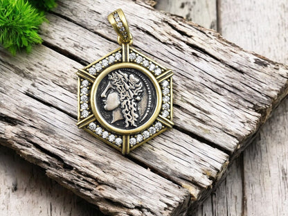 26x21mm 18k Gold Plated Brass Micro Pave Cubic Zirconia Greek Coin Pendant