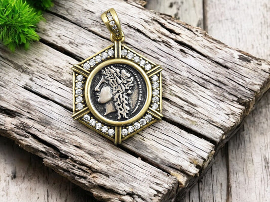 26x21mm 18k Gold Plated Brass Micro Pave Cubic Zirconia Greek Coin Pendant