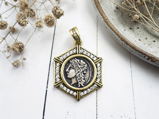 26x21mm 18k Gold Plated Brass Micro Pave Cubic Zirconia Greek Coin Pendant