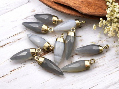 25-26mm Gold Tone Natural Gray Agate Pointed Bullet Pendant