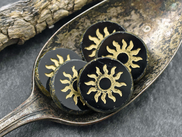21mm Gold Washed Jet Picasso Table Cut Sun Design Coin Beads