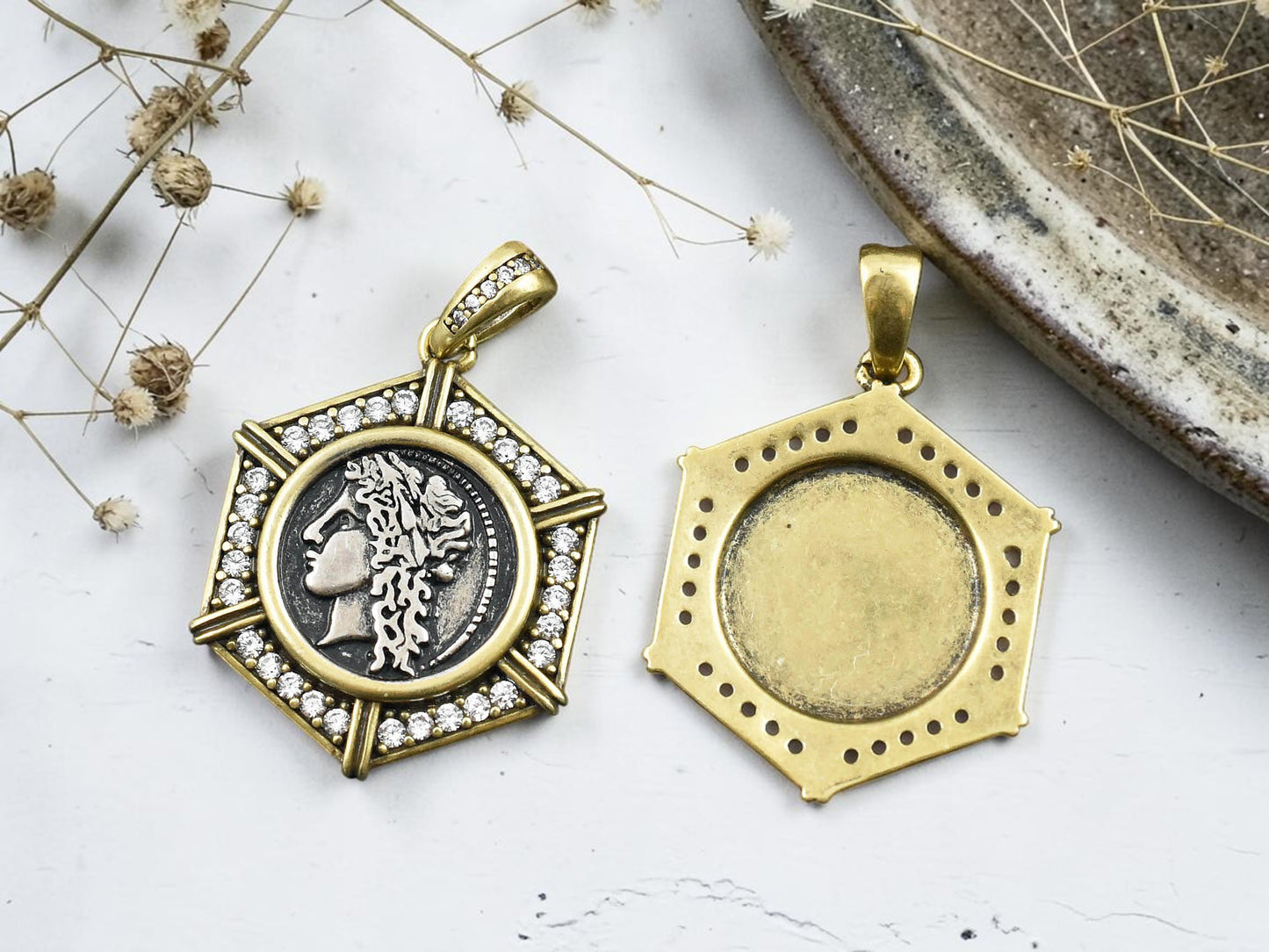 26x21mm 18k Gold Plated Brass Micro Pave Cubic Zirconia Greek Coin Pendant