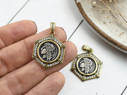 26x21mm 18k Gold Plated Brass Micro Pave Cubic Zirconia Greek Coin Pendant