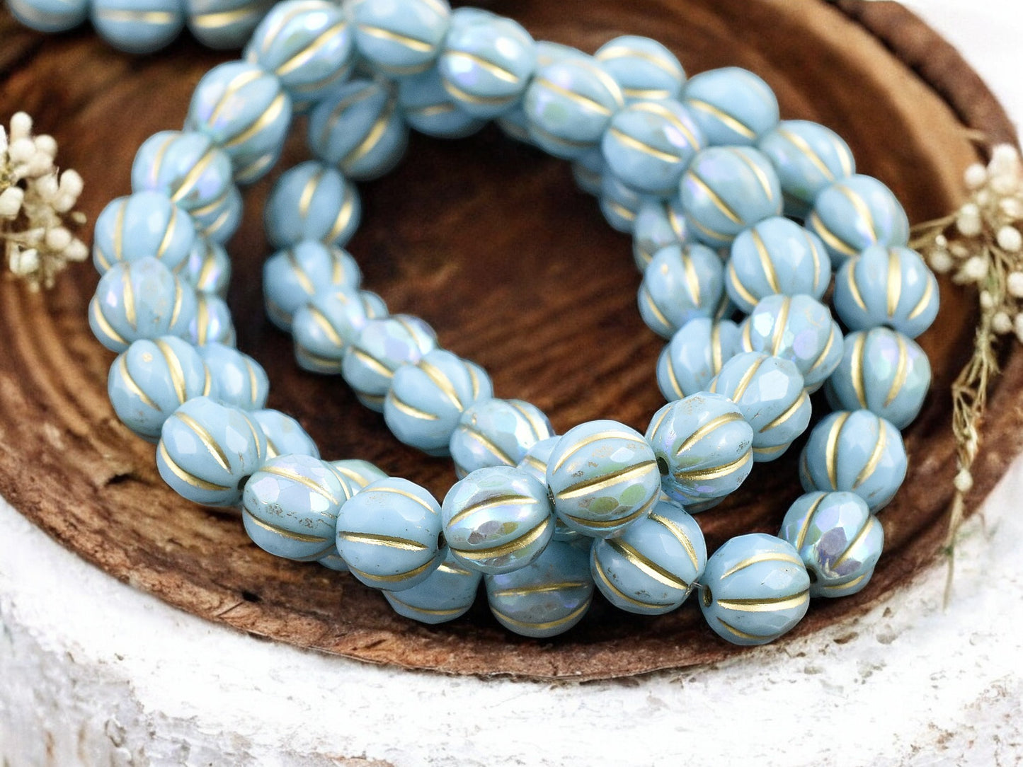 *20* 8mm Gold Washed Sky Blue AB Faceted Round Melon Beads