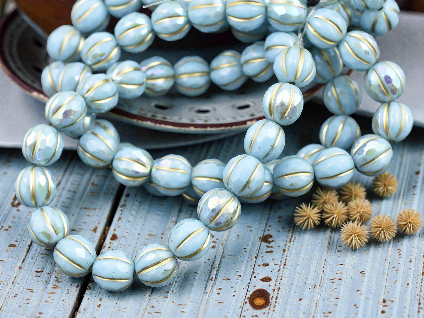 *20* 8mm Gold Washed Sky Blue AB Faceted Round Melon Beads