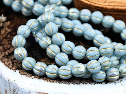 *20* 8mm Gold Washed Sky Blue AB Faceted Round Melon Beads