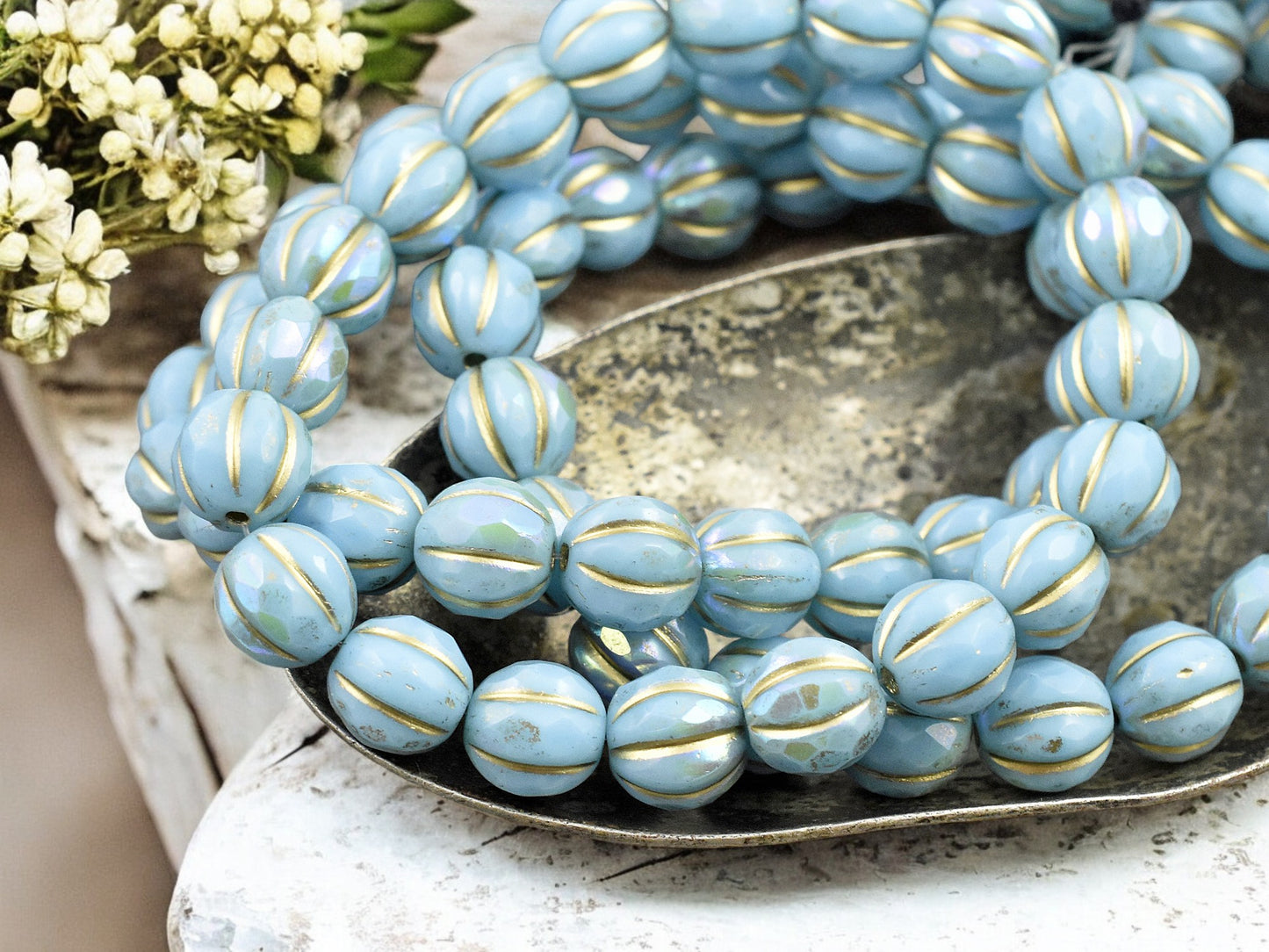 *20* 8mm Gold Washed Sky Blue AB Faceted Round Melon Beads