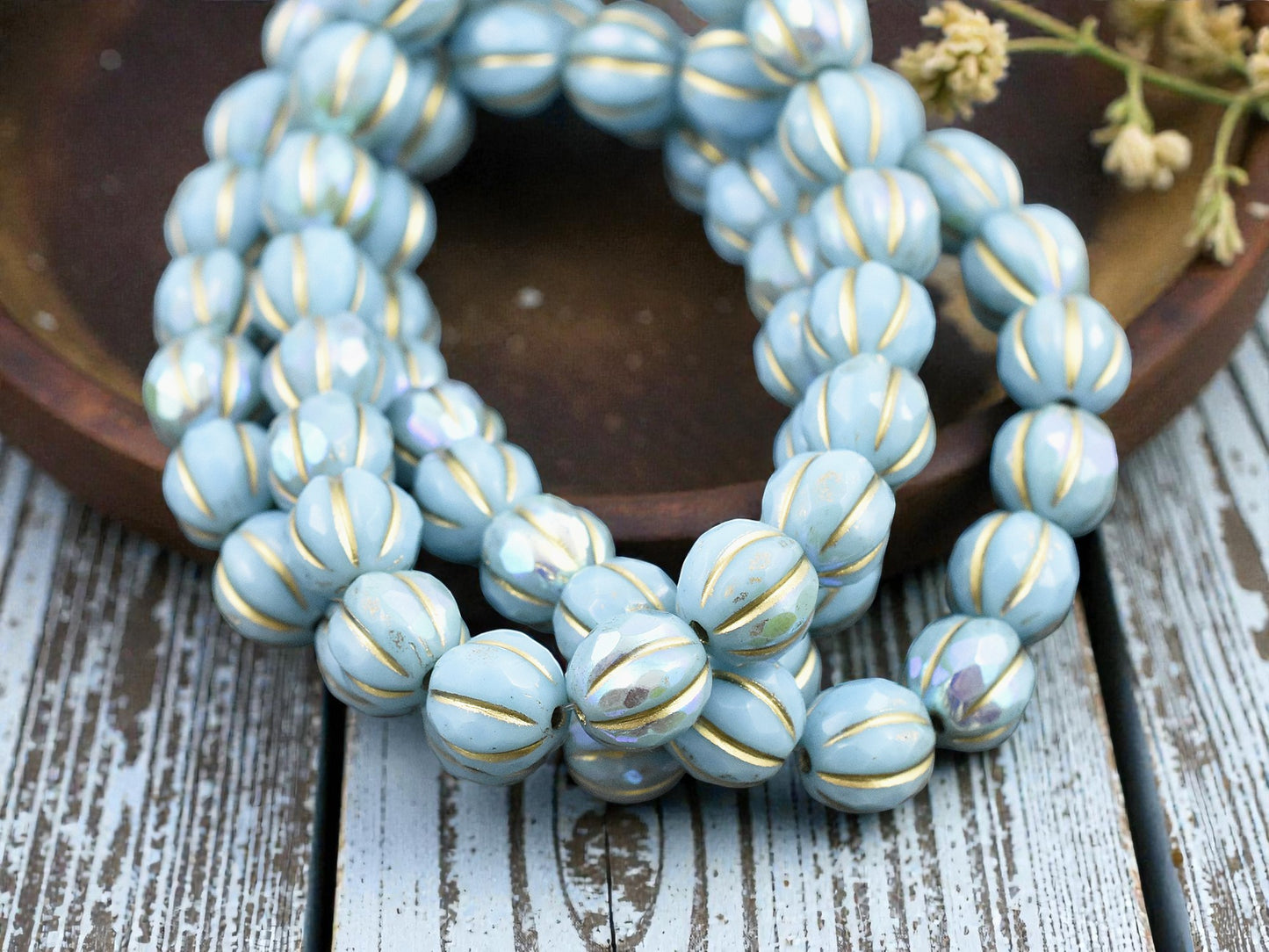 *20* 8mm Gold Washed Sky Blue AB Faceted Round Melon Beads