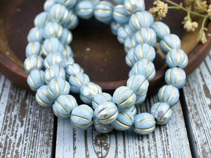 *20* 8mm Gold Washed Sky Blue AB Faceted Round Melon Beads