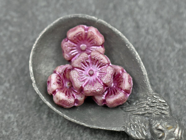 *12* 12mm Gold Lustered Metallic Pink Etched Pink Hawaiian Flower Beads