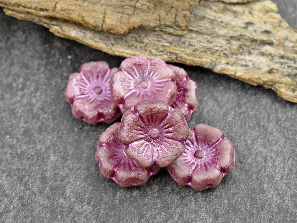 *12* 12mm Gold Lustered Metallic Pink Etched Pink Hawaiian Flower Beads