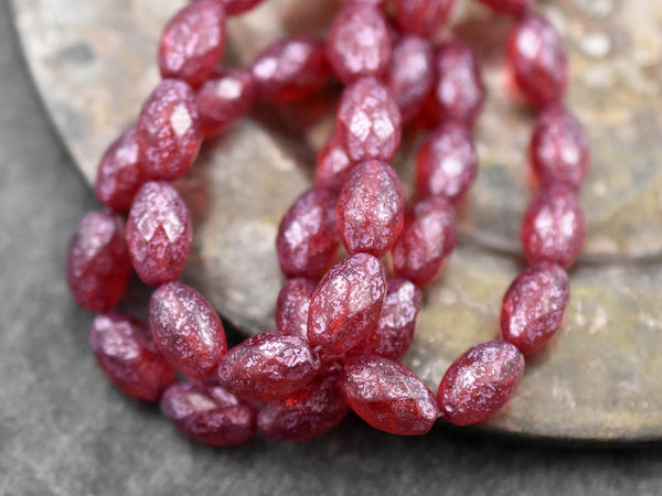 *12* 12x8mm Etched Pink Washed Ruby Red Fire Polished Faceted Oval Beads