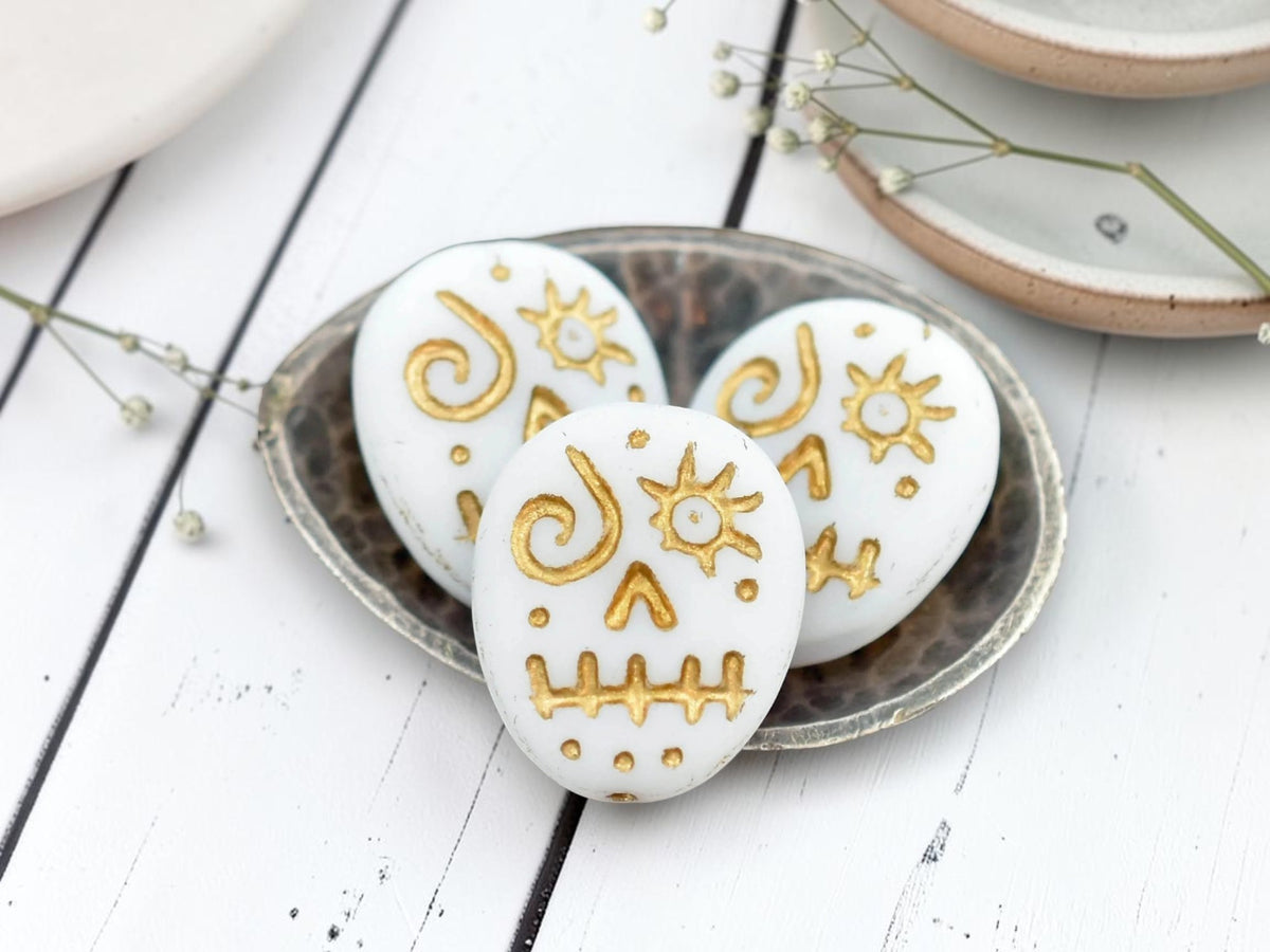 *9* 15x13mm Gold Washed Matte White  Voodoo Face Beads