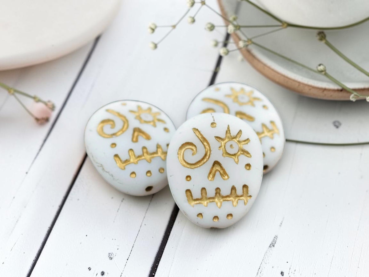 *9* 15x13mm Gold Washed Matte White  Voodoo Face Beads