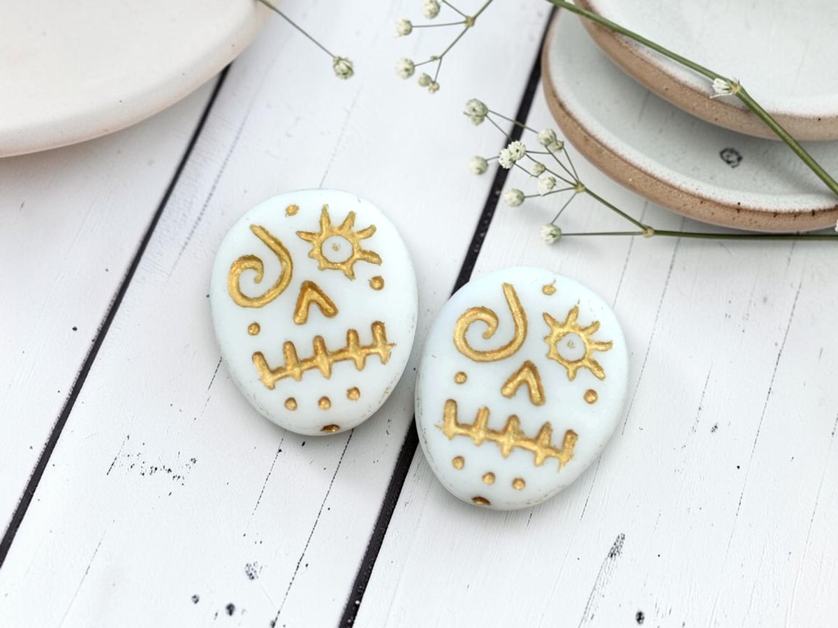 *9* 15x13mm Gold Washed Matte White  Voodoo Face Beads