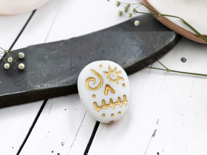 *9* 15x13mm Gold Washed Matte White  Voodoo Face Beads