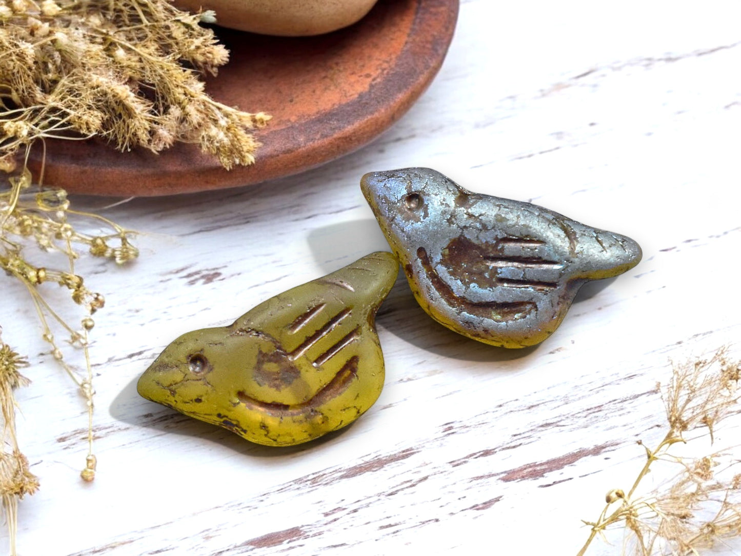 *6* 11x22mm Bronze Washed Yellow Topaz AB Crystal Bird Beads