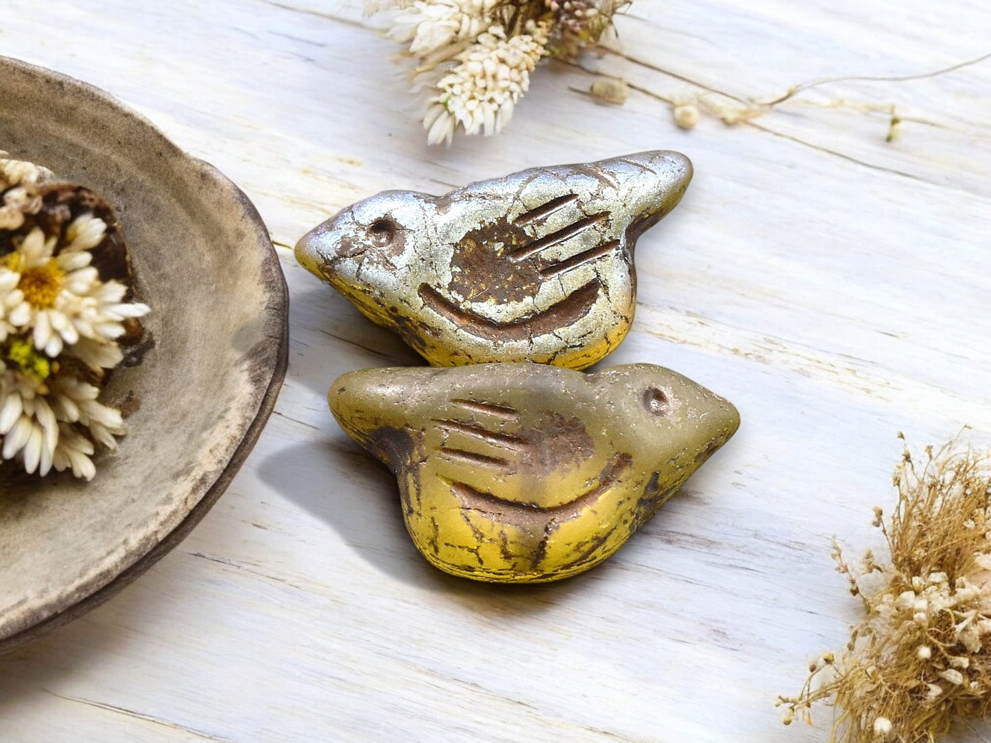 *6* 11x22mm Bronze Washed Yellow Topaz AB Crystal Bird Beads