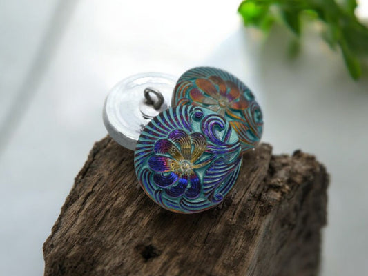 18mm Pincushion Flower Button Vitrail with a Tea Green Wash - Czech Glass Buttons