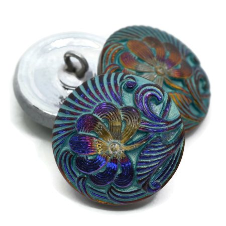 18mm Pincushion Flower Button Vitrail with a Tea Green Wash - Czech Glass Buttons