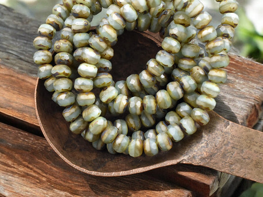 *30* 3x5mm Blended Light Aqua & Ivory Picasso Fire Polished Rondelle Beads