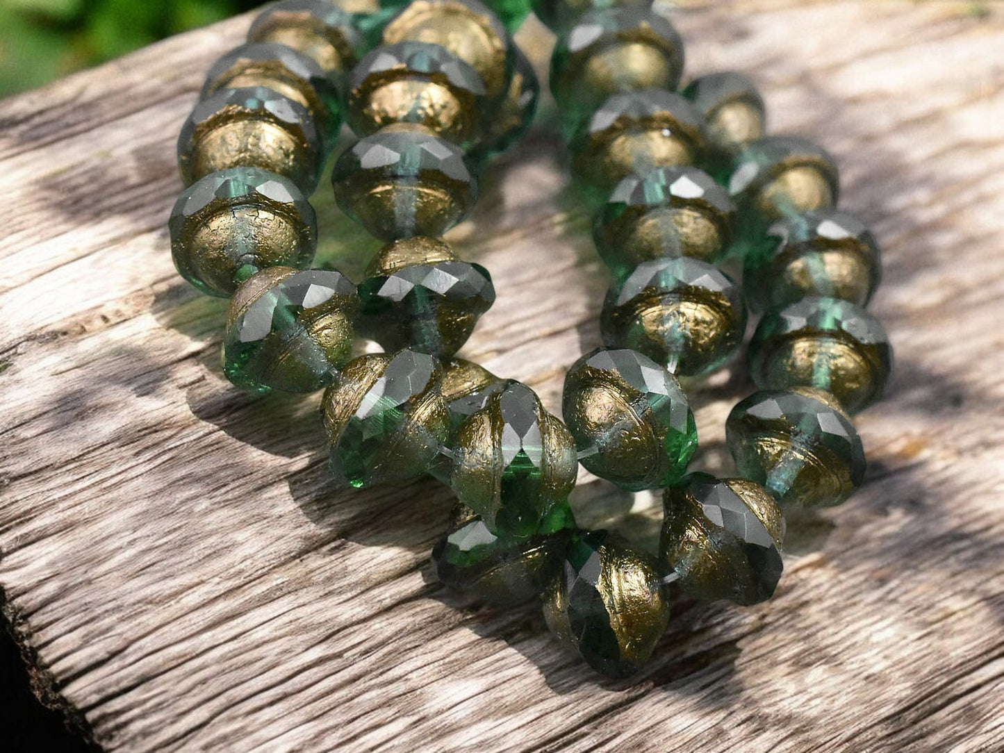 *15* 8x10mm Bronze Washed Etched Emerald Saturn Beads