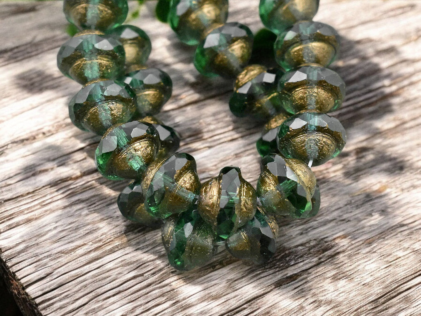 *15* 8x10mm Bronze Washed Etched Emerald Saturn Beads
