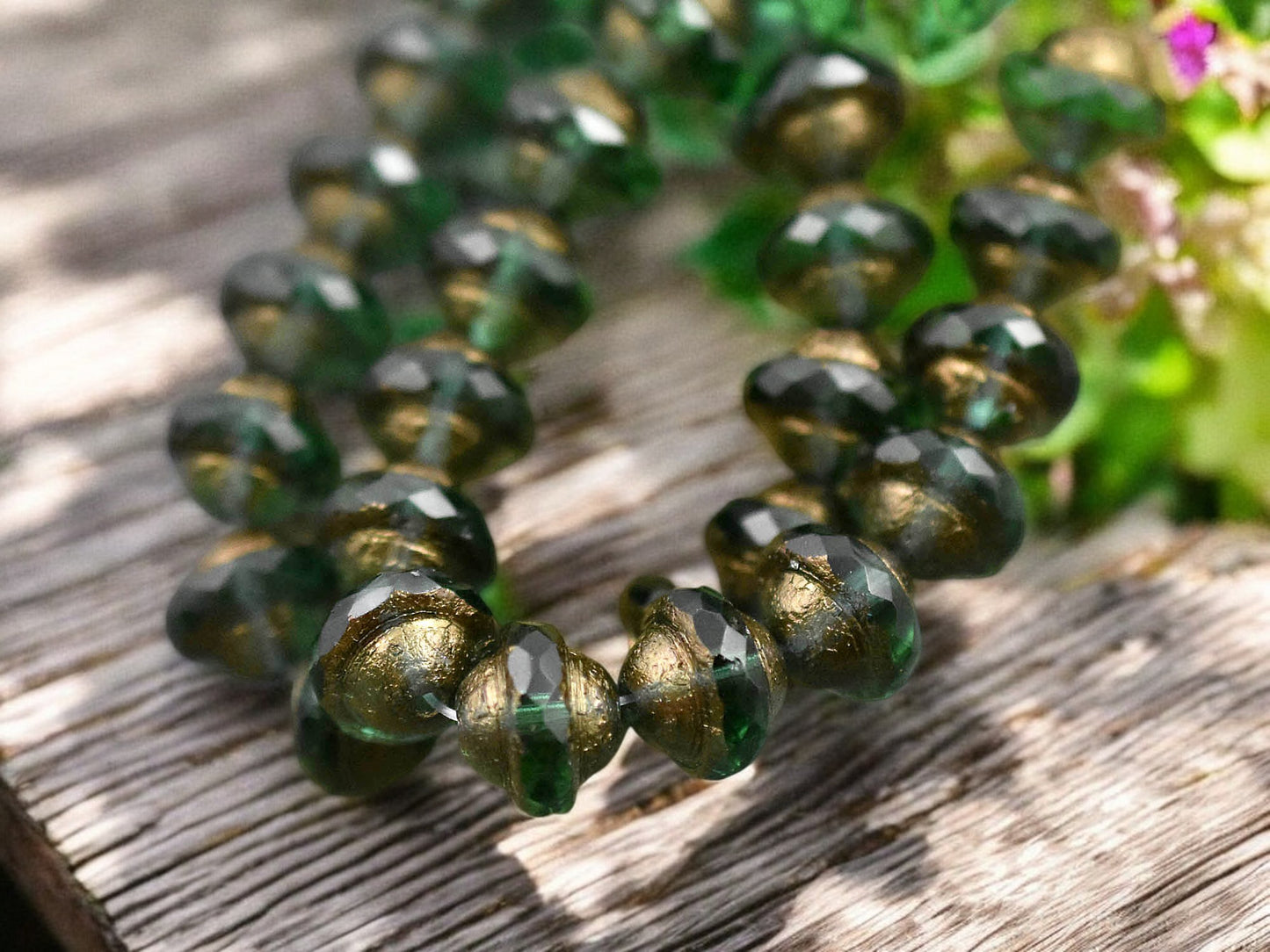 *15* 8x10mm Bronze Washed Etched Emerald Saturn Beads
