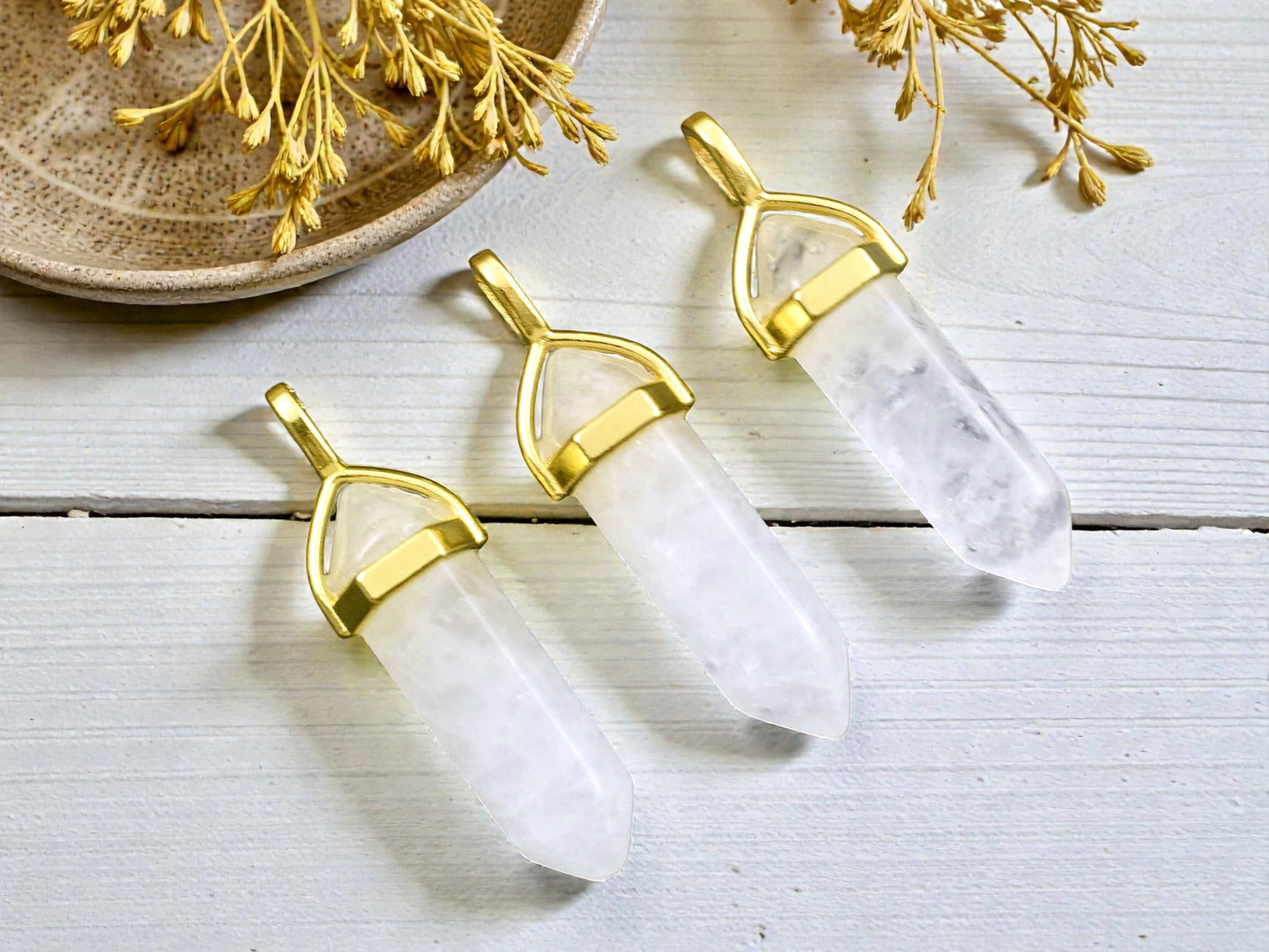 40mm Gold Tone Natural Clouded Crystal Quartz Double Terminated Bullet Pendant
