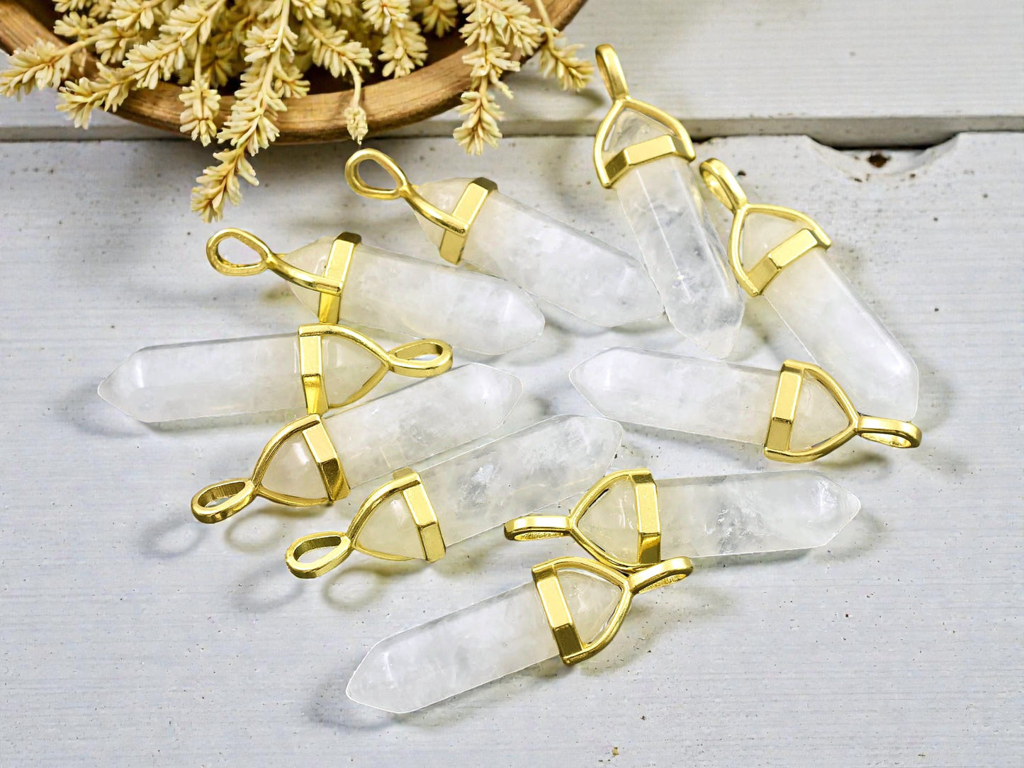 40mm Gold Tone Natural Clouded Crystal Quartz Double Terminated Bullet Pendant
