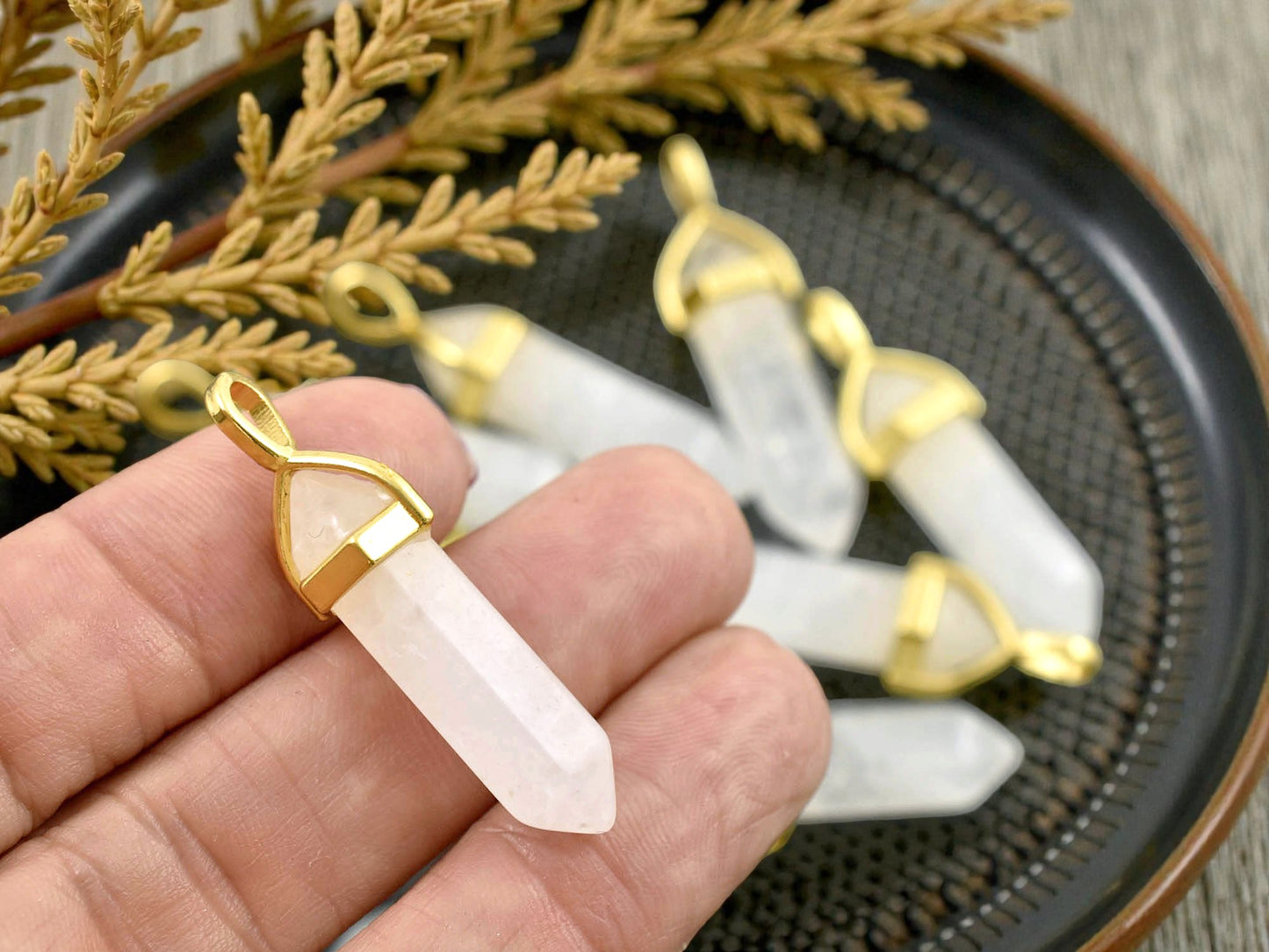 40mm Gold Tone Natural Clouded Crystal Quartz Double Terminated Bullet Pendant
