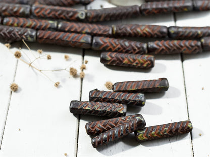 *11* 18x4mm Chocolate Brown Picasso Basket Weave Tube Beads