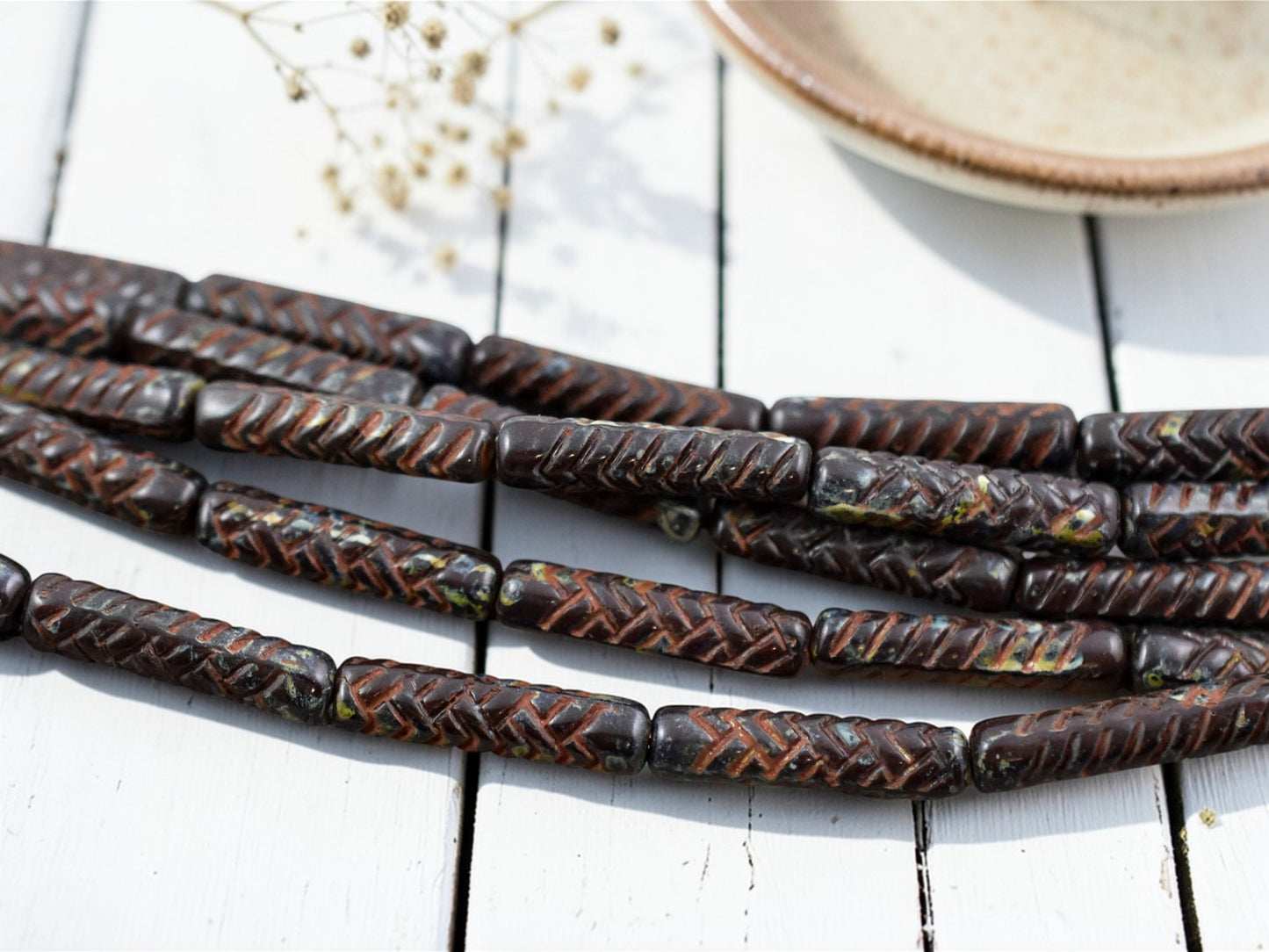 *11* 18x4mm Chocolate Brown Picasso Basket Weave Tube Beads