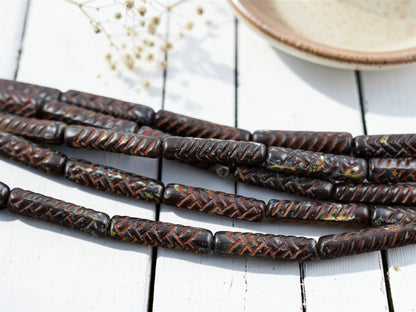 *11* 18x4mm Chocolate Brown Picasso Basket Weave Tube Beads
