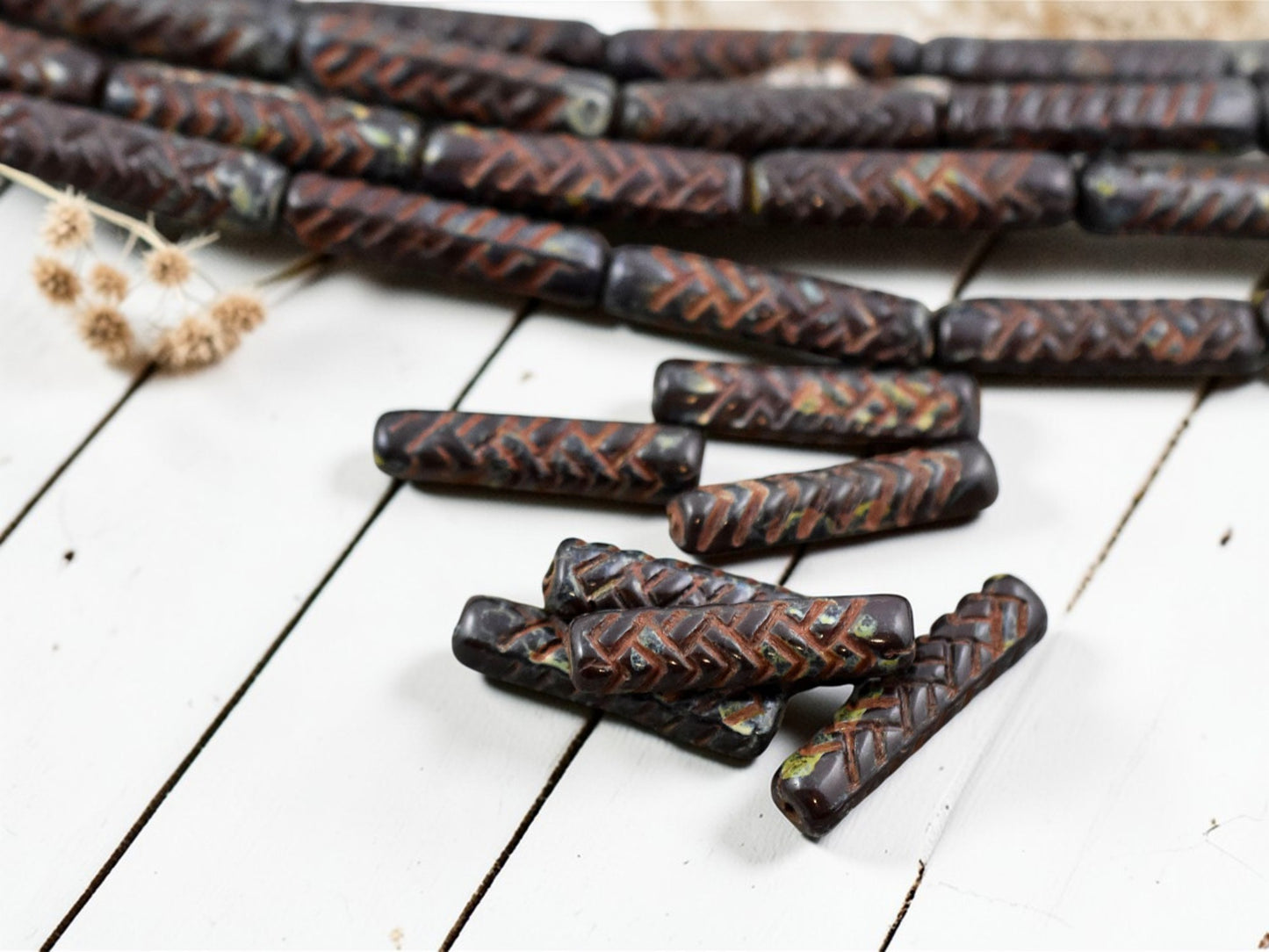 *11* 18x4mm Chocolate Brown Picasso Basket Weave Tube Beads