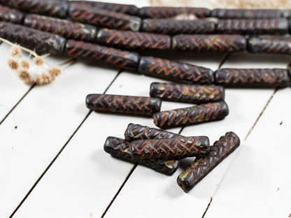 *11* 18x4mm Chocolate Brown Picasso Basket Weave Tube Beads