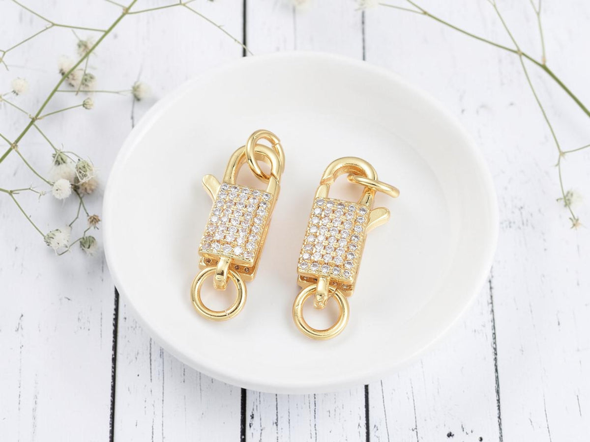 20x9mm 18k Gold Plated Brass Micro Pave Cubic Zirconia Lobster Clasp