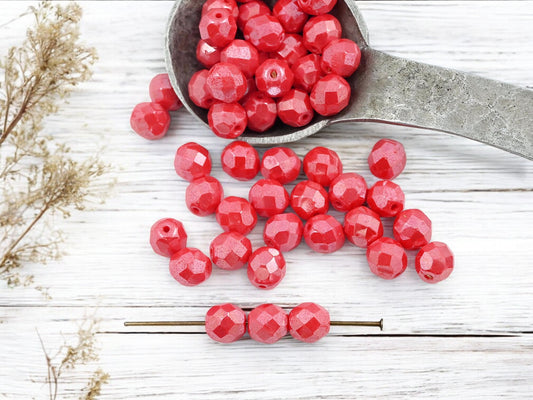 *25* 8mm Opaque Coral Luster Fire Polished Round Beads