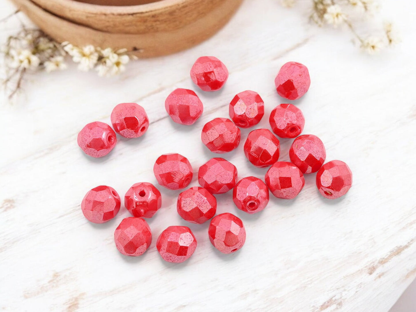 *25* 8mm Opaque Coral Luster Fire Polished Round Beads