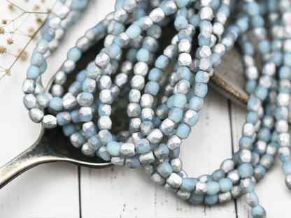 *50* 3mm Silver Washed Etched Matte Blue Fire Polished Round Beads