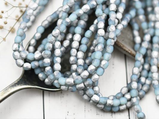 *50* 3mm Silver Washed Etched Matte Blue Fire Polished Round Beads