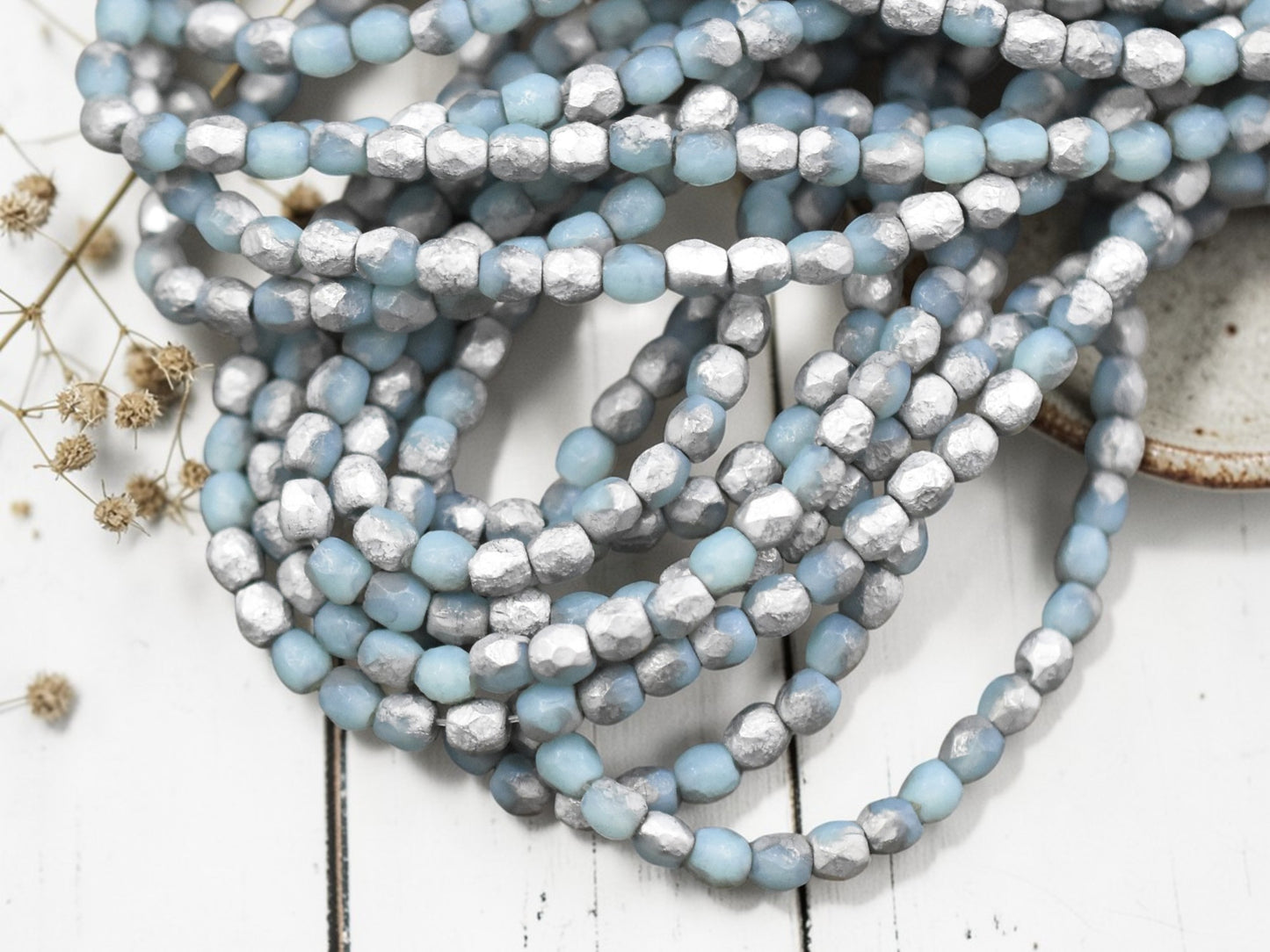 *50* 3mm Silver Washed Etched Matte Blue Fire Polished Round Beads
