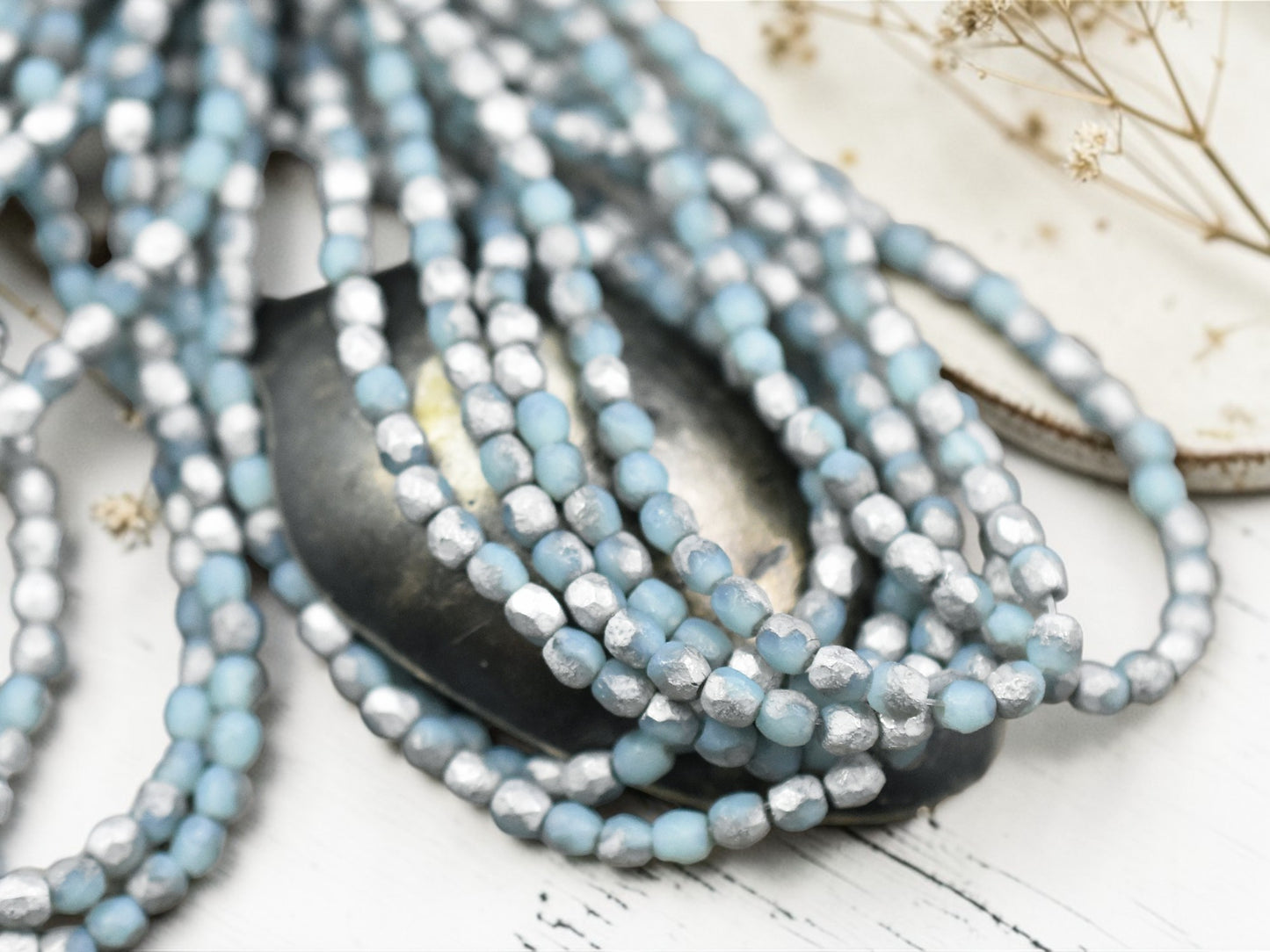 *50* 3mm Silver Washed Etched Matte Blue Fire Polished Round Beads
