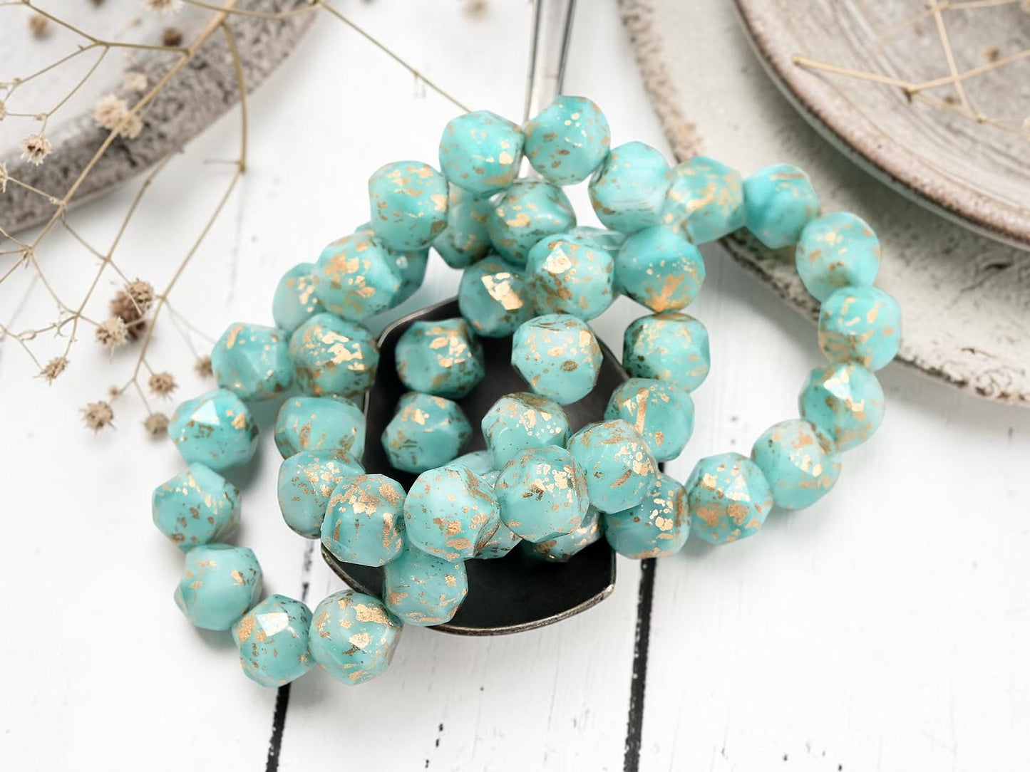 *15* 9mm Antique Gold Washed Opaque Larimar Blue Central Cut Round Beads