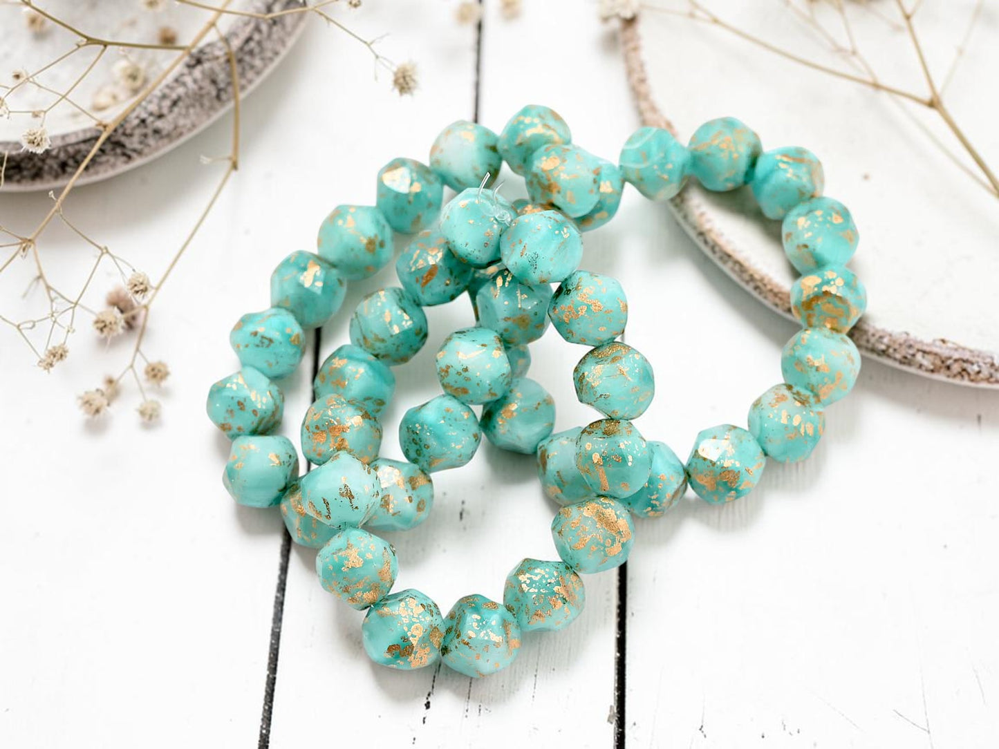 *15* 9mm Antique Gold Washed Opaque Larimar Blue Central Cut Round Beads