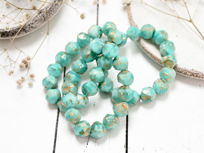 *15* 9mm Antique Gold Washed Opaque Larimar Blue Central Cut Round Beads