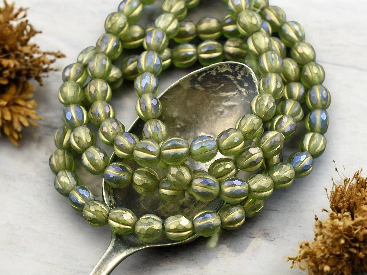 *25* 6mm Gold Washed Matte Peridot Luster Faceted Round Melon Beads