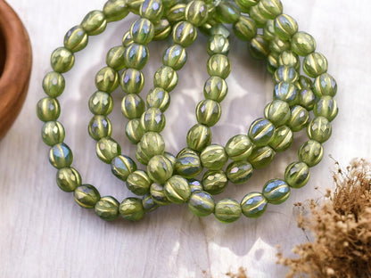 *25* 6mm Gold Washed Matte Peridot Luster Faceted Round Melon Beads