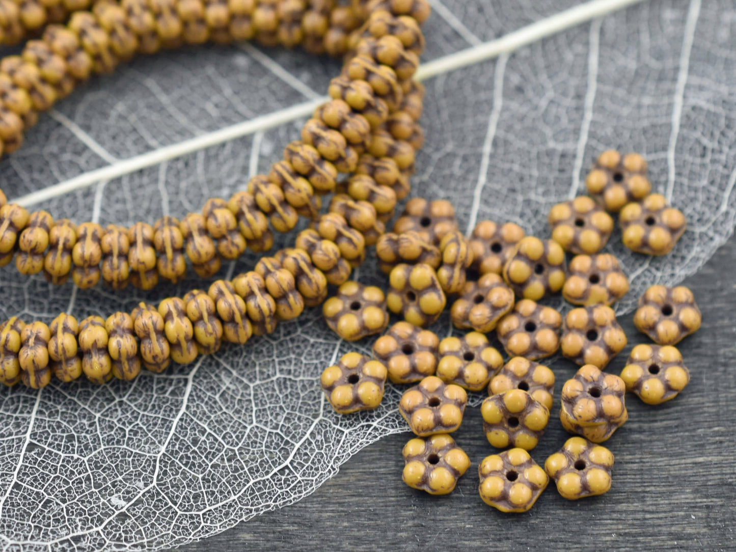 *50* 5mm Brown Washed Opaque Mustard Yellow Forget Me Not Rondelle Daisy Beads